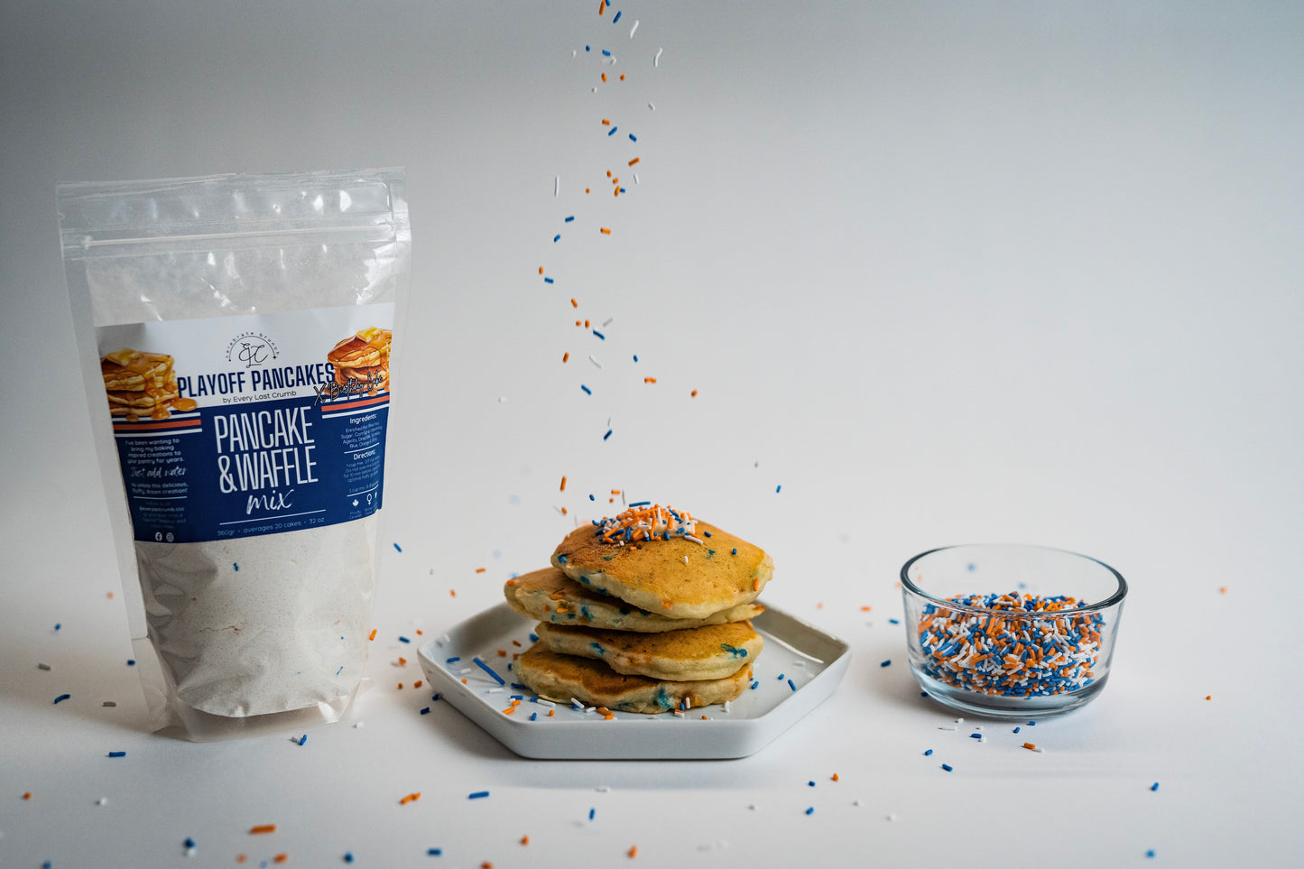 Playoff Pancakes 💙🤍🧡 🏒 🥅  Birthday Cake Flavour
